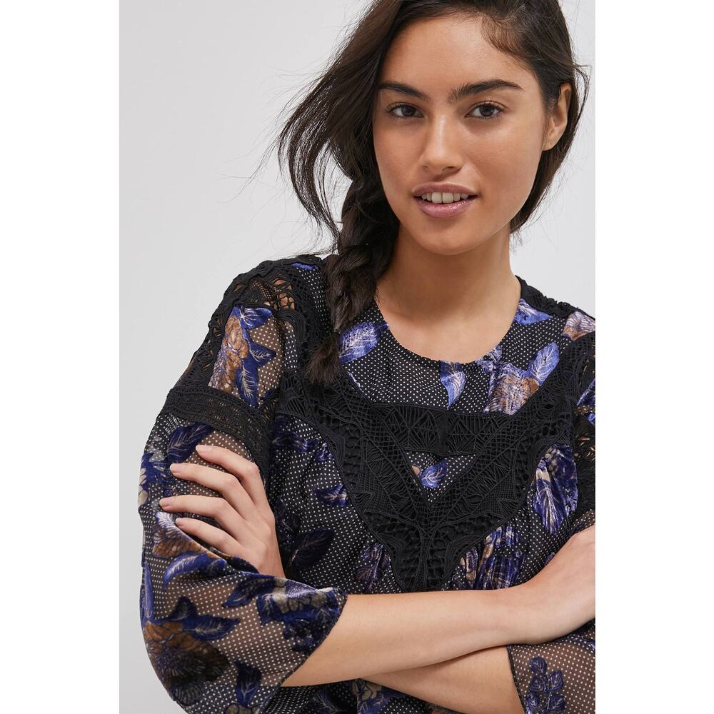 New Anthropologie Zelda Burnout Floral Velvet Blouse $168 SMALL Black